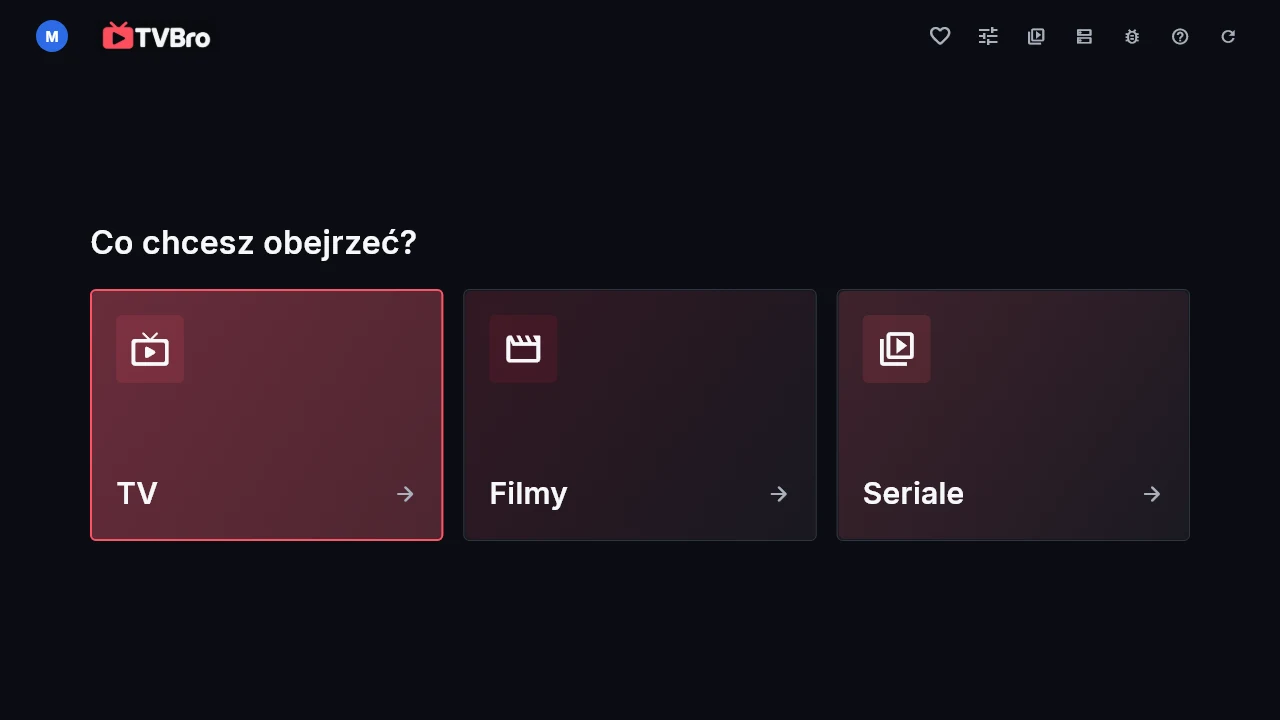 Ekran główny TVBro z wyborem telewizji, filmów i seriali